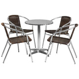 23.5'' Round Aluminum Indoor-Outdoor Table Set with 4 Dark Brown Rattan Chairs