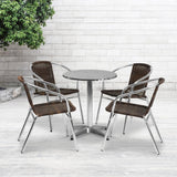 23.5'' Round Aluminum Indoor-Outdoor Table Set with 4 Dark Brown Rattan Chairs