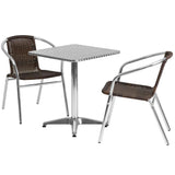 23.5'' Square Aluminum Indoor-Outdoor Table Set with 2 Dark Brown Rattan Chairs