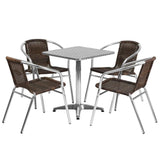 23.5'' Square Aluminum Indoor-Outdoor Table Set with 4 Dark Brown Rattan Chairs