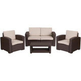 4 Piece Outdoor Faux Rattan Chair, Loveseat and Table Set in Chocolate Brown