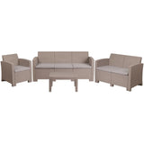 4 Piece Outdoor Faux Rattan Chair, Loveseat, Sofa and Table Set in Light Gray
