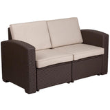 Chocolate Brown Faux Rattan Loveseat with All-Weather Beige Cushions