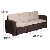 Chocolate Brown Faux Rattan Sofa with All-Weather Beige Cushions