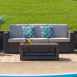 Chocolate Brown Faux Rattan Sofa with All-Weather Beige Cushions