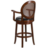30'' High Expresso Wood Barstool with Arms, Woven Rattan Back and Black LeatherSoft Swivel Seat