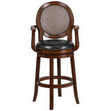 30'' High Expresso Wood Barstool with Arms, Woven Rattan Back and Black LeatherSoft Swivel Seat