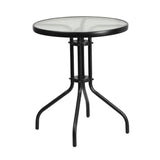 23.75'' Round Glass Metal Table with 2 Black Rattan Stack Chairs
