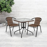 28'' Square Tempered Glass Metal Table with Dark Brown Rattan Edging