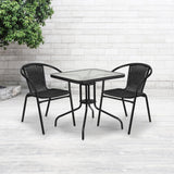 28'' Square Glass Metal Table with Black Rattan Edging and 2 Black Rattan Stack Chairs