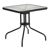 28'' Square Glass Metal Table with Black Rattan Edging and 4 Black Rattan Stack Chairs