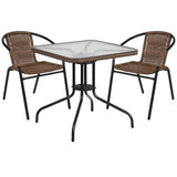 28'' Square Glass Metal Table with Dark Brown Rattan Edging and 2 Dark Brown Rattan Stack Chairs