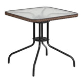 28'' Square Glass Metal Table with Dark Brown Rattan Edging and 2 Dark Brown Rattan Stack Chairs