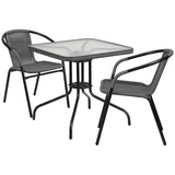 28'' Square Glass Metal Table with Gray Rattan Edging and 2 Gray Rattan Stack Chairs