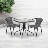 28'' Square Glass Metal Table with Gray Rattan Edging and 2 Gray Rattan Stack Chairs