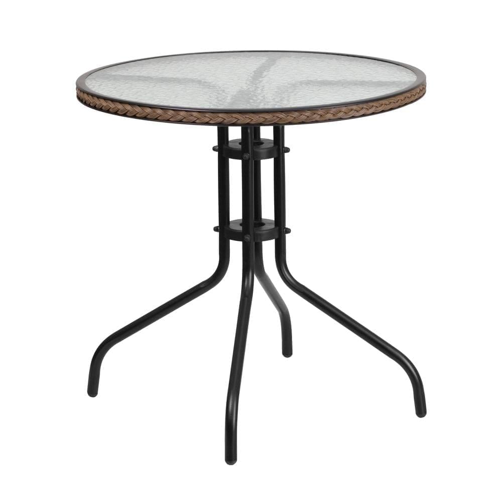 28'' Round Tempered Glass Metal Table with Dark Brown Rattan Edging