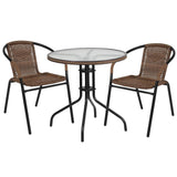 28'' Round Glass Metal Table with Dark Brown Rattan Edging and 2 Dark Brown Rattan Stack Chairs
