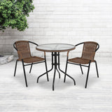 28'' Round Glass Metal Table with Dark Brown Rattan Edging and 2 Dark Brown Rattan Stack Chairs