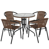 28'' Round Glass Metal Table with Dark Brown Rattan Edging and 4 Dark Brown Rattan Stack Chairs