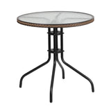 28'' Round Glass Metal Table with Dark Brown Rattan Edging and 4 Dark Brown Rattan Stack Chairs