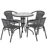 28'' Round Glass Metal Table with Gray Rattan Edging and 4 Gray Rattan Stack Chairs
