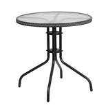 28'' Round Glass Metal Table with Gray Rattan Edging and 4 Gray Rattan Stack Chairs