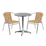 23.5'' Round Aluminum Indoor-Outdoor Table Set with 2 Beige Rattan Chairs