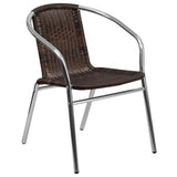 23.5'' Round Aluminum Indoor-Outdoor Table Set with 2 Dark Brown Rattan Chairs