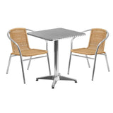 23.5'' Square Aluminum Indoor-Outdoor Table Set with 2 Beige Rattan Chairs