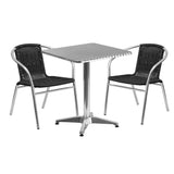 23.5'' Square Aluminum Indoor-Outdoor Table Set with 2 Black Rattan Chairs
