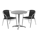 27.5'' Round Aluminum Indoor-Outdoor Table Set with 2 Black Rattan Chairs