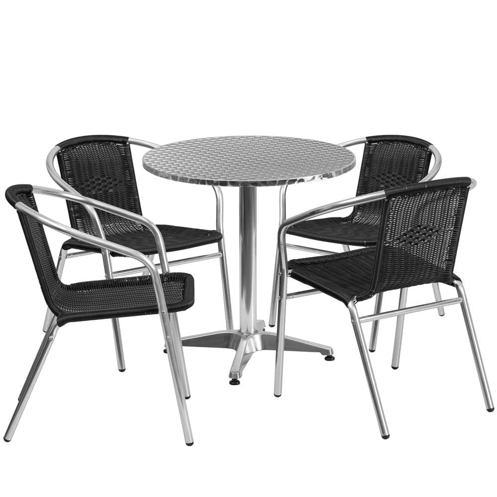 27.5'' Round Aluminum Indoor-Outdoor Table Set with 4 Black Rattan Chairs