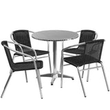 27.5'' Round Aluminum Indoor-Outdoor Table Set with 4 Black Rattan Chairs