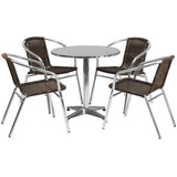 27.5'' Round Aluminum Indoor-Outdoor Table Set with 4 Dark Brown Rattan Chairs