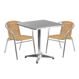 27.5'' Square Aluminum Indoor-Outdoor Table Set with 2 Beige Rattan Chairs