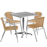 27.5'' Square Aluminum Indoor-Outdoor Table Set with 4 Beige Rattan Chairs