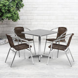 27.5'' Square Aluminum Indoor-Outdoor Table Set with 4 Dark Brown Rattan Chairs