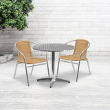 31.5'' Round Aluminum Indoor-Outdoor Table Set with 2 Beige Rattan Chairs