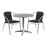 31.5'' Round Aluminum Indoor-Outdoor Table Set with 2 Black Rattan Chairs