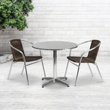 31.5'' Round Aluminum Indoor-Outdoor Table Set with 2 Dark Brown Rattan Chairs