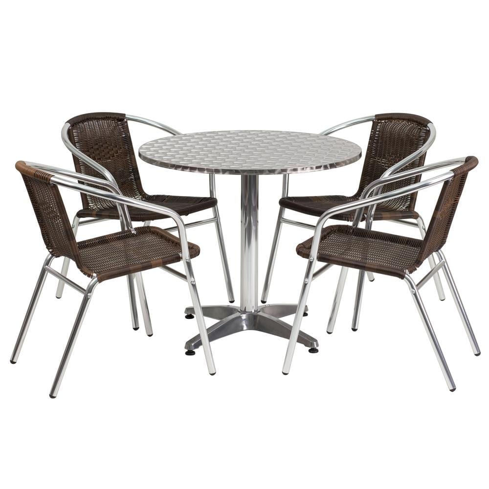 31.5'' Round Aluminum Indoor-Outdoor Table Set with 4 Dark Brown Rattan Chairs
