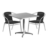 31.5'' Square Aluminum Indoor-Outdoor Table Set with 2 Black Rattan Chairs