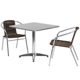 31.5'' Square Aluminum Indoor-Outdoor Table Set with 2 Dark Brown Rattan Chairs