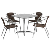 31.5'' Square Aluminum Indoor-Outdoor Table Set with 4 Dark Brown Rattan Chairs