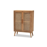 Alina Mid-Century Modern Medium Oak Finished Wood and Rattan 2-Door Accent Storage Cabinet