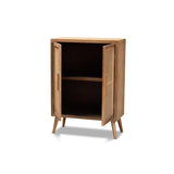 Alina Mid-Century Modern Medium Oak Finished Wood and Rattan 2-Door Accent Storage Cabinet