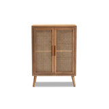 Alina Mid-Century Modern Medium Oak Finished Wood and Rattan 2-Door Accent Storage Cabinet