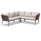 Lillian Modern and Contemporary Light Grey Upholstered and Brown Finished 5-Piece Woven Rattan Outdoor Patio Set