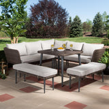 Lillian Modern and Contemporary Light Grey Upholstered and Brown Finished 5-Piece Woven Rattan Outdoor Patio Set