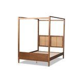 Baxton Studio Malia Modern and Contemporary Walnut Brown Finished Wood and Synthetic Rattan Queen Size Canopy Bed